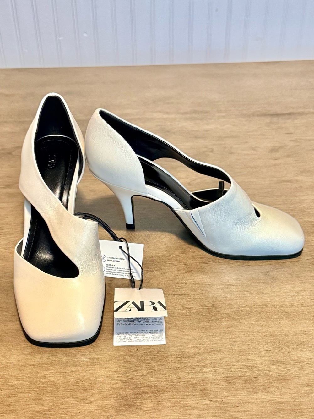 ZARA Ivory Cutout Genuine Leather Mid-Heel Pumps - Square Toe